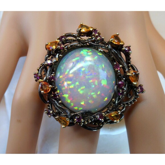 HUGE 17CT Ethiopian Welo Opal Citrine Sterling Silver Ring SZ 8 OOAK Statement - Picture 2 of 11